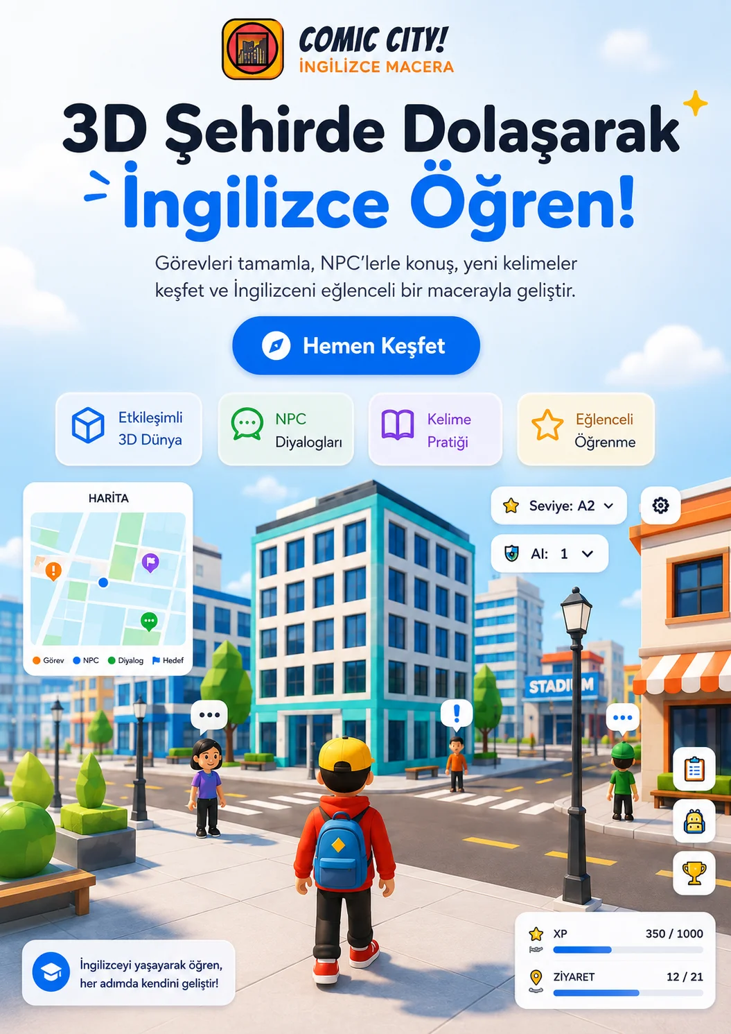Comic City 3D sehirde Ingilizce macera