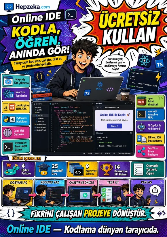 Online IDE tarayıcıda kodlama ve interaktif eğitim platformu